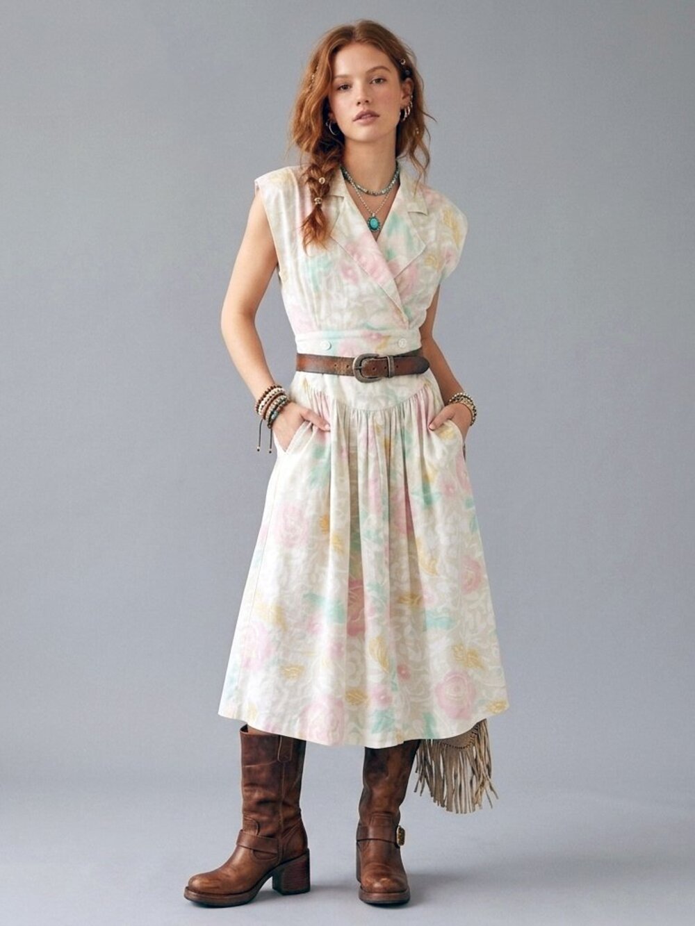 S Vintage 1980s Pea Patch White Pastel Pink Floral Airy Summer Pockets Dress 80s